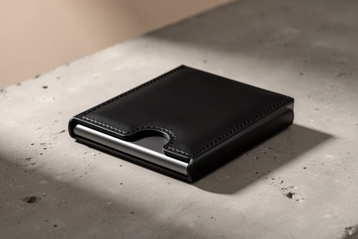 Portafoglio minimalista in pelle nero assoluto su una superficie di cemento opaco