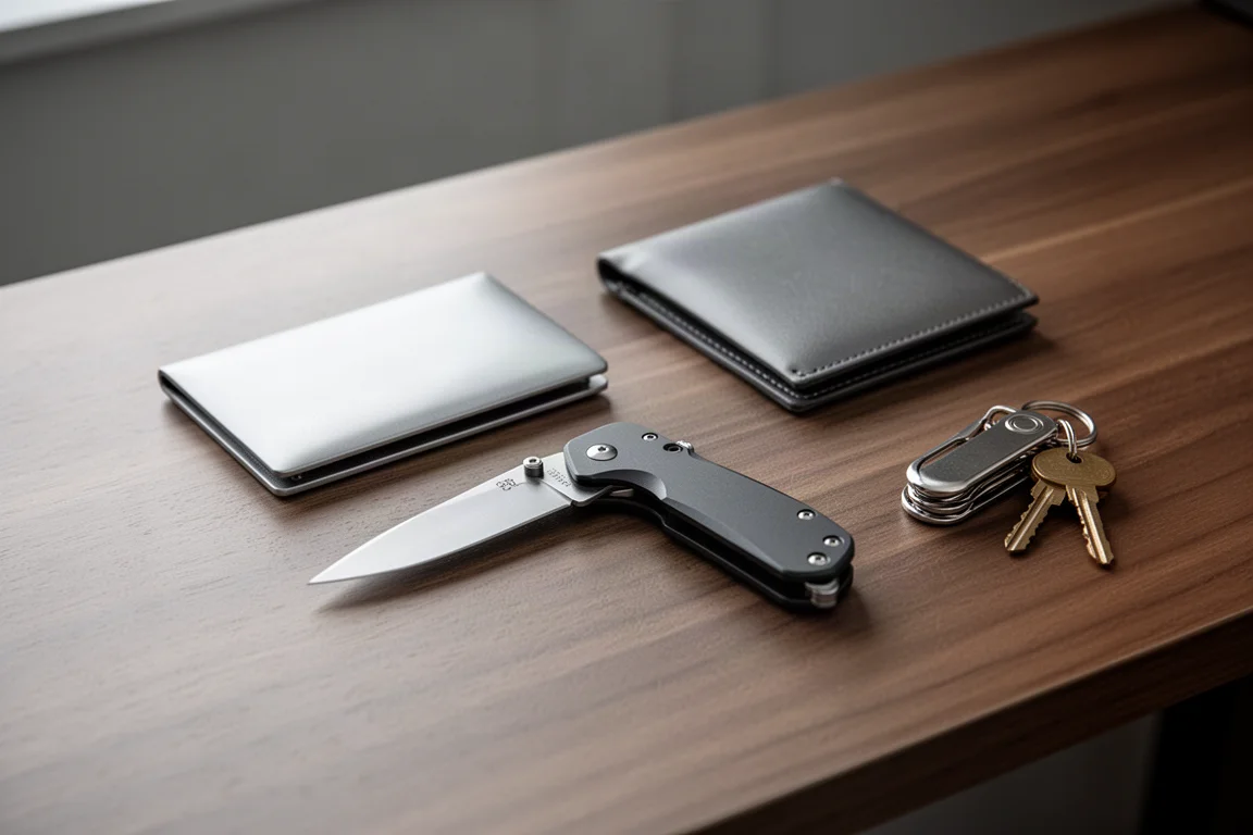 Compact folding knife lying open on a wooden desk beside a minimalist wallet