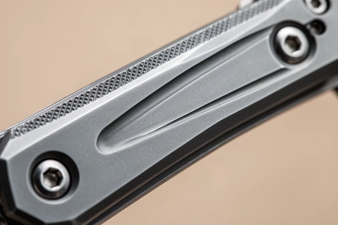 Close-up of a folding knife handle showing chamfered edges and textured spine jimping