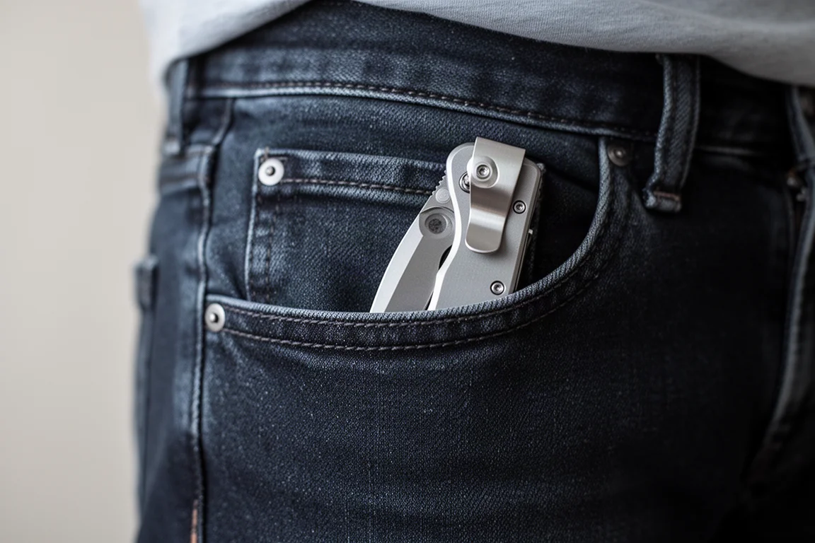 Folding knife clipped deep inside a jeans pocket with only the clip lip visible