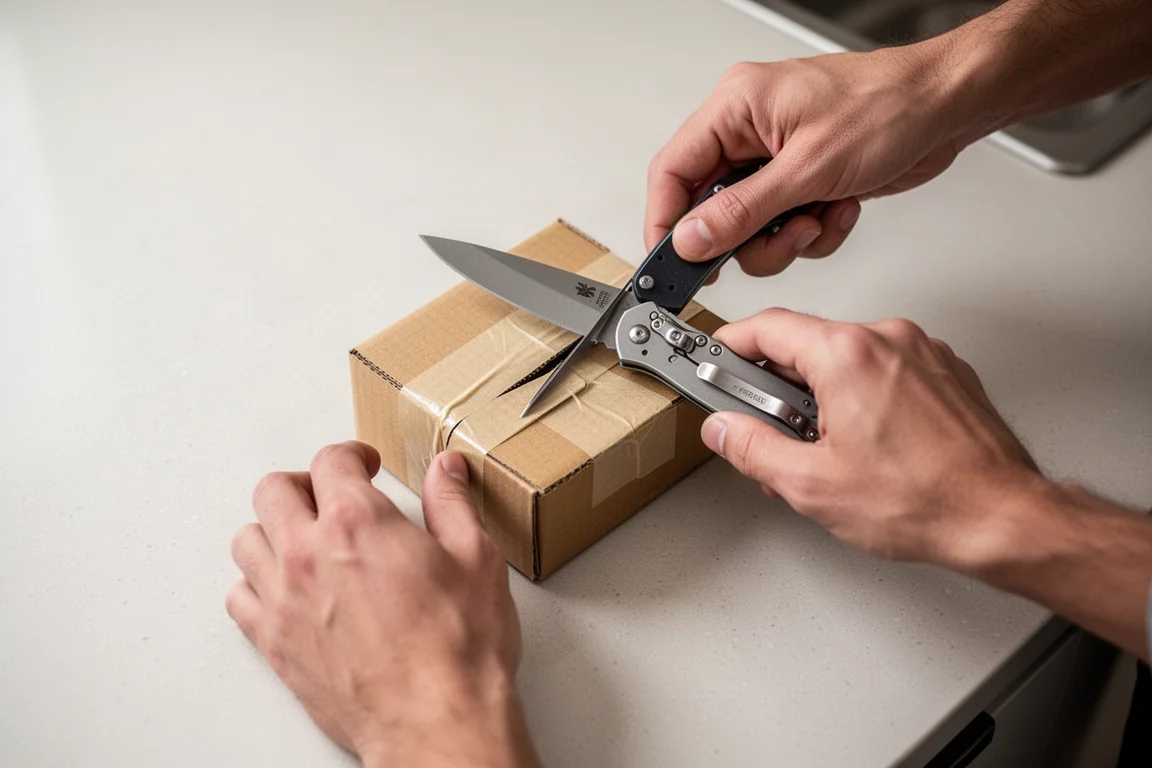Hands cutting open a cardboard package with a small folding knife on a kitchen counter