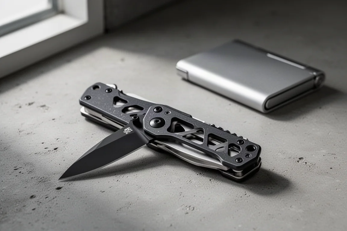 Coltello pieghevole compatto con manico in alluminio scuro e lama corta nera su superficie di cemento