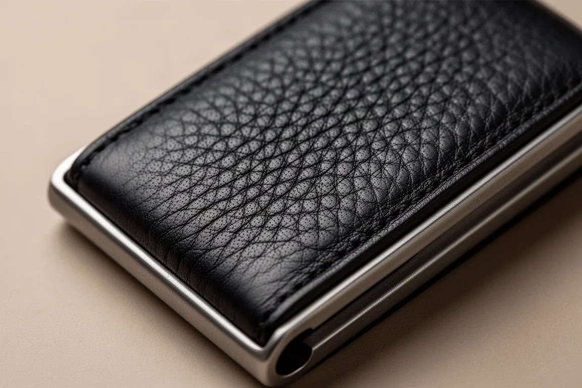 Texture del portafoglio in pelle nero midnight evidenziata sotto una luce radente