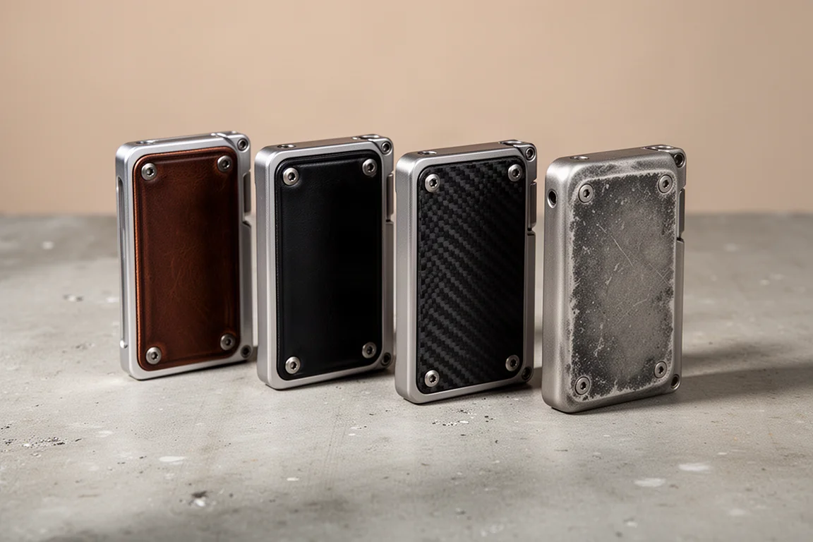 Four Ridge wallet variants in leather, carbon fiber, and titanium on a concrete surface