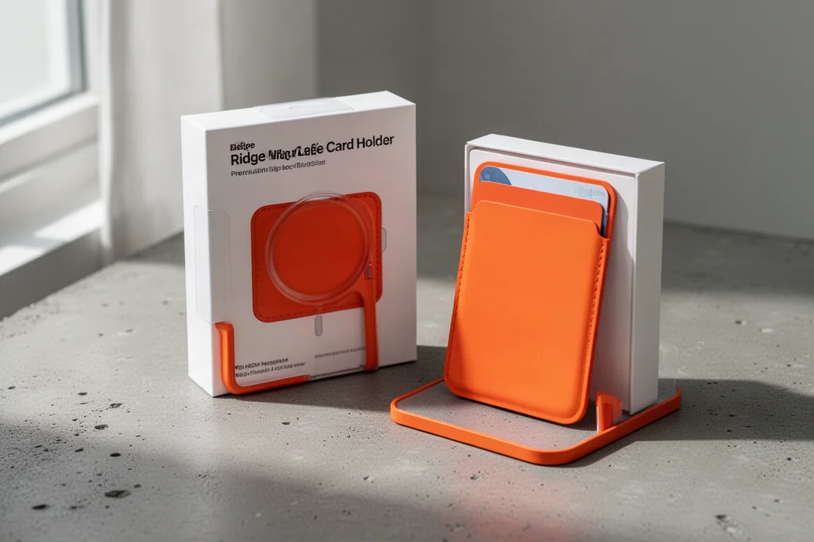 Lebendig orangefarbener Ridge MagSafe Kartenhalter in seiner Schiebebox-Verpackung