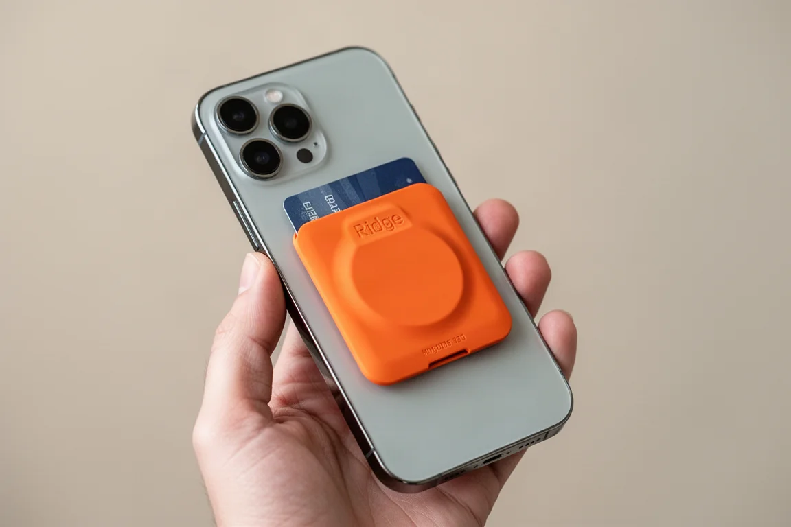 Ridge MagSafe Kartenhalter an der Rückseite eines Smartphones befestigt, gehalten in einer Hand