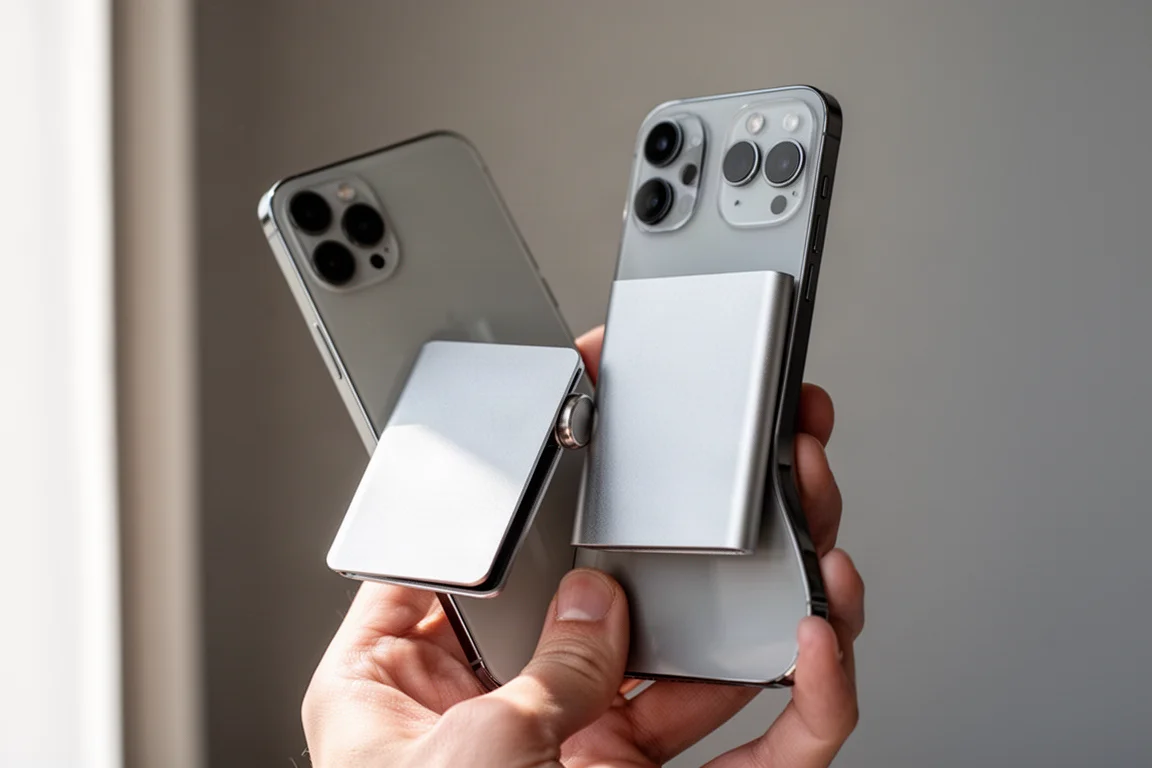 Aluminum EDC wallet snapped onto the back of a smartphone via a magnet ring
