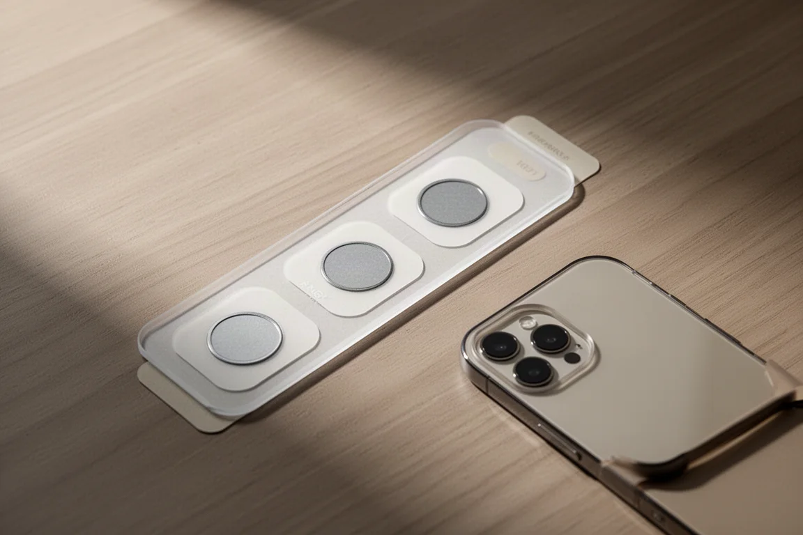 Phone case with a thin adhesive strengthening tray pressed onto its back