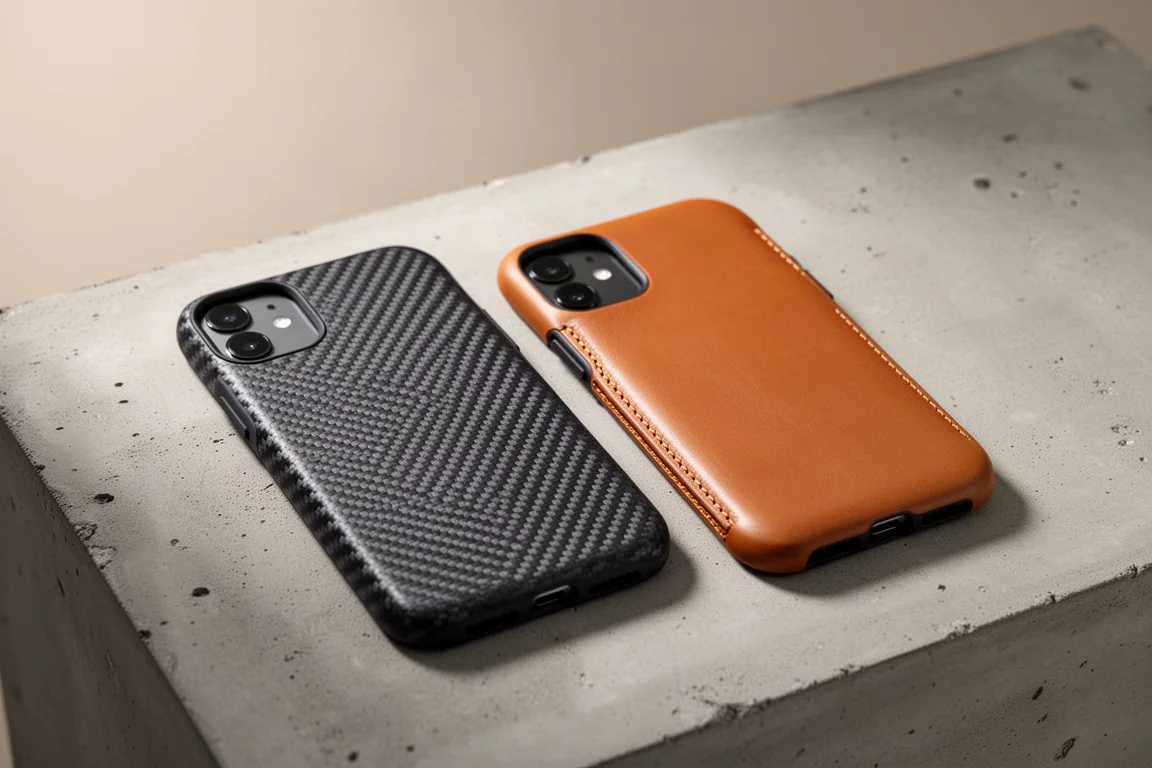 Kevlar-weave phone case and leather phone case side by side on a desk