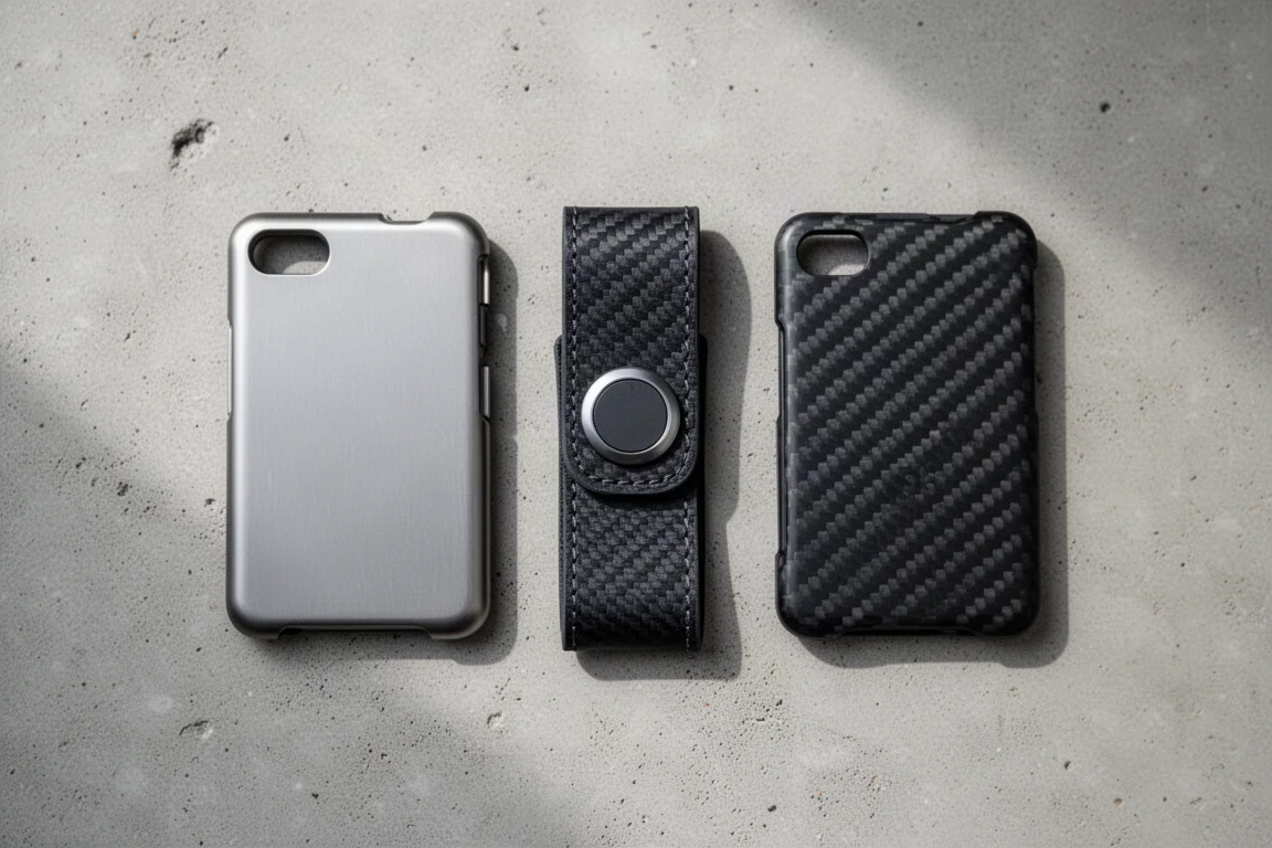 Modular wallet parts laid out flat showing back plate, cash strap, and front plate
