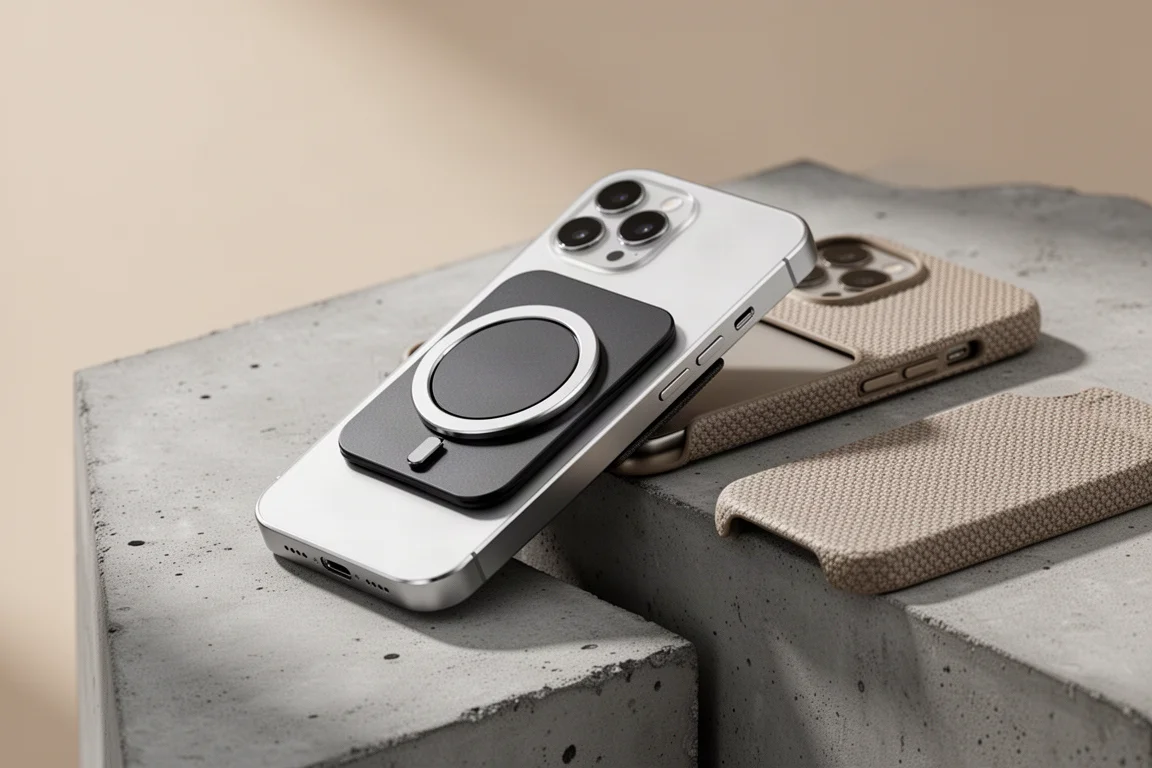 Portafoglio EDC in alluminio fissato magneticamente al retro di uno smartphone accanto a una cover per telefono