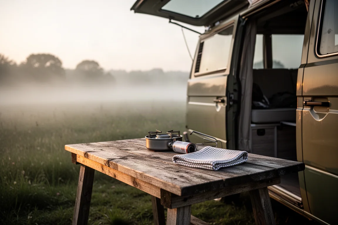 Camp cooking setup on a wooden table beside an open camper van at dawn