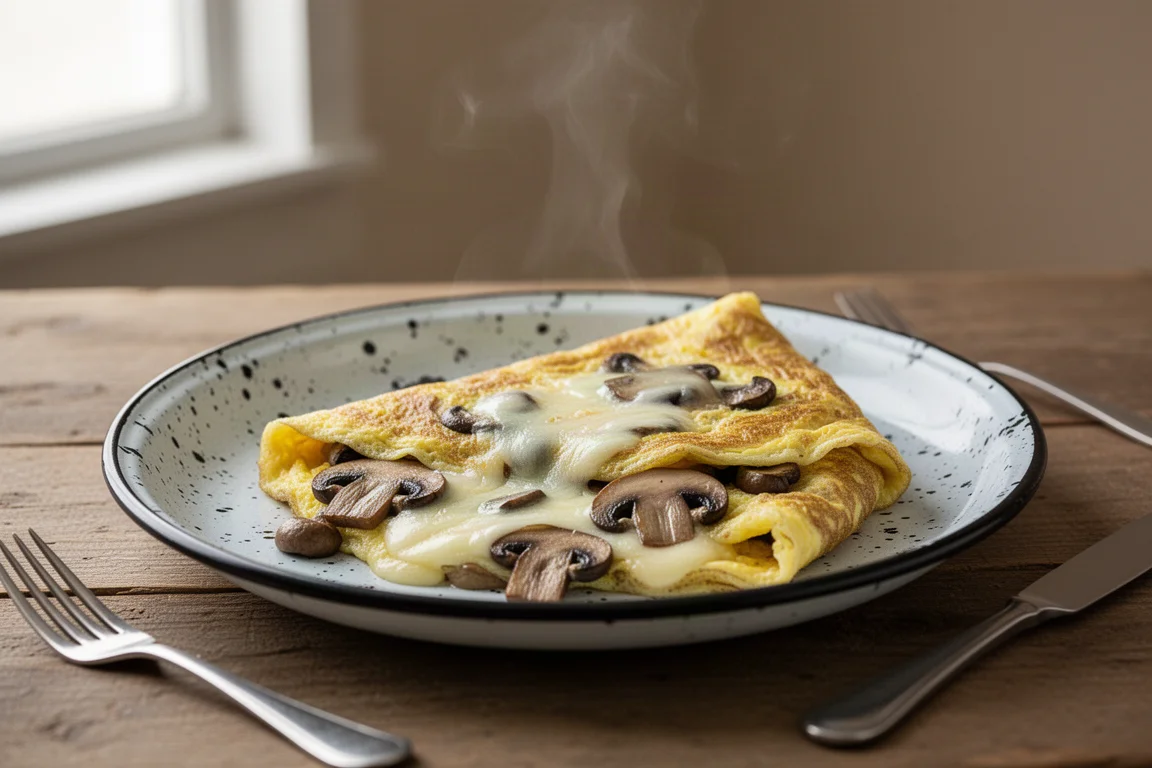 Freshly folded omelette with melted cheese on an enamel camping plate