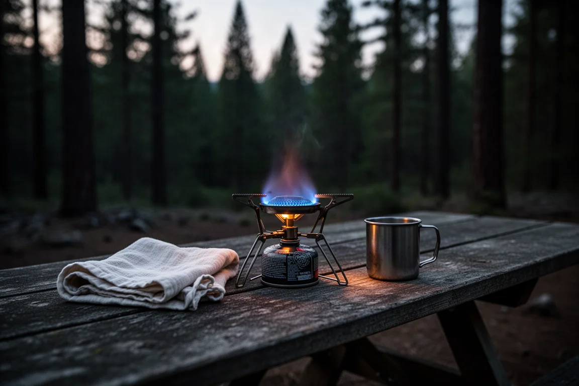 Small camping stove burning on a weathered picnic table at dusk