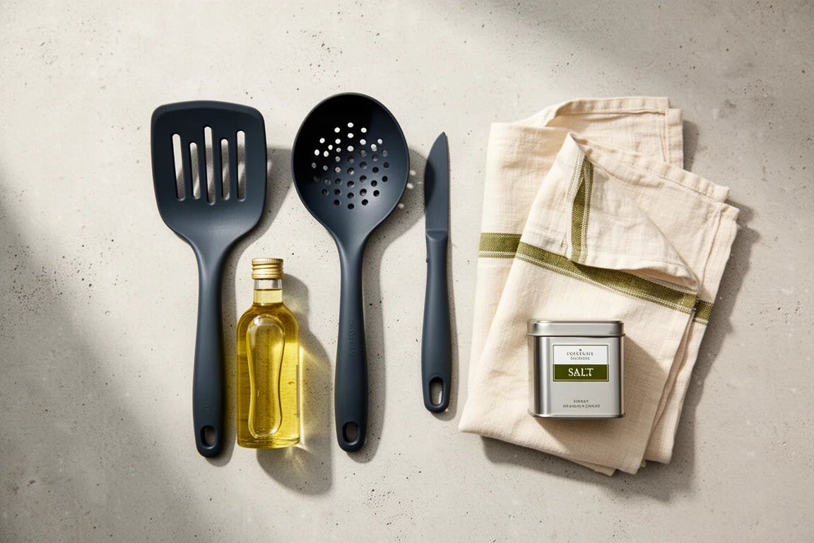Overhead flat lay of camping cooking tools on a concrete surface