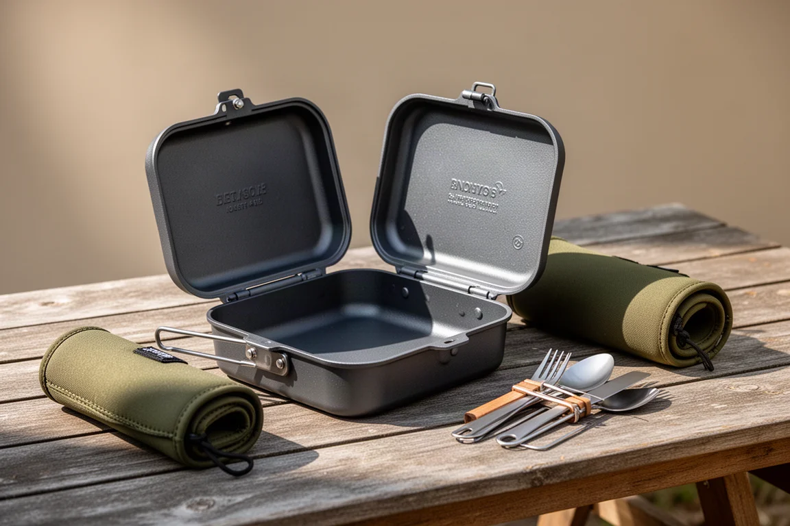 Hinged charcoal camp pan open on a wooden table beside a rolled carry case and utensils