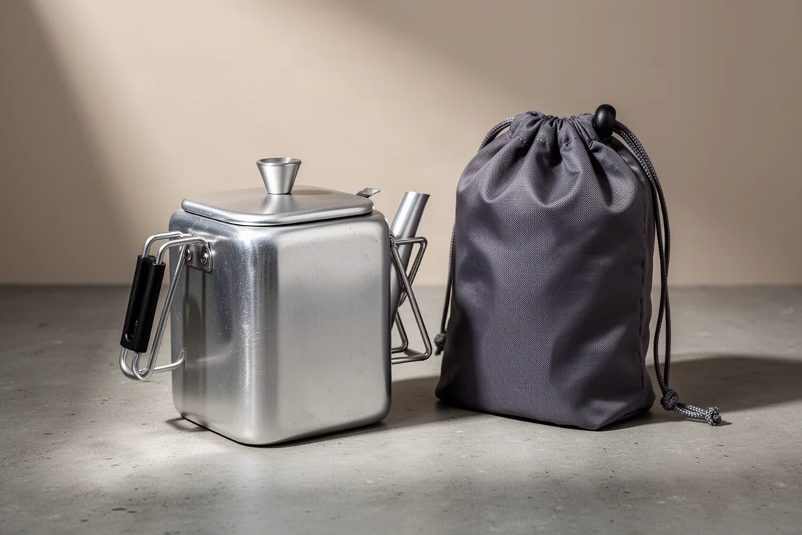 Square aluminium camping kettle with two folding handles on a matte concrete surface