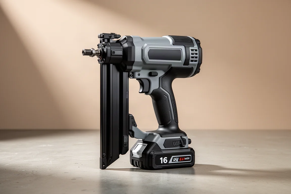Cordless 16 gauge finish nailer with battery pack on a concrete surface