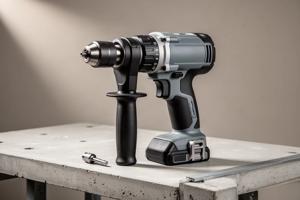 Ridgid right-angle stud and joist drill standing on a concrete workbench