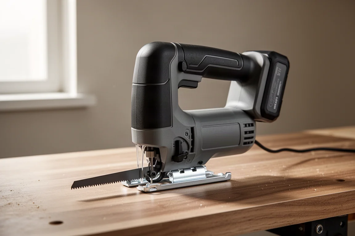 Compact cordless barrel grip jigsaw on a wood workbench