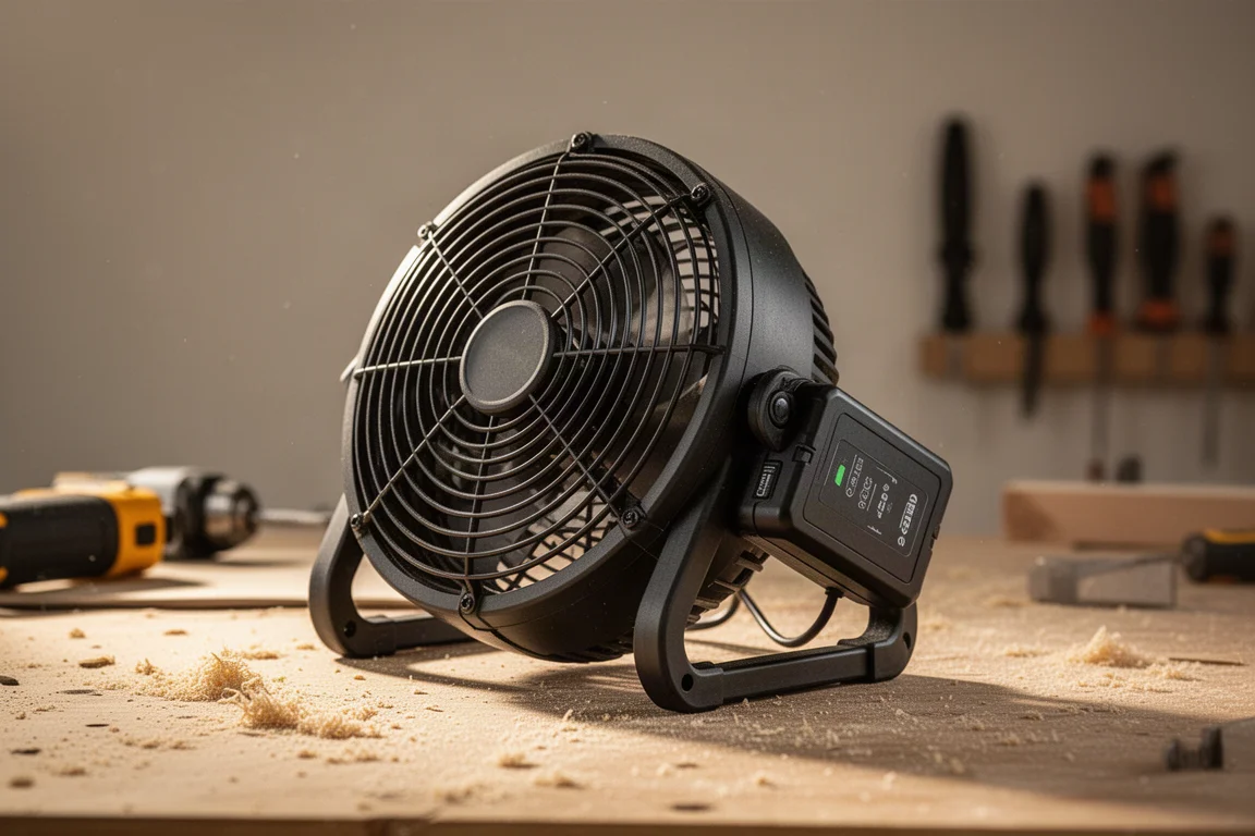 Jobsite-Ventilator tief gekippt auf einer Werkbank, hinten mit eingelegtem Akku