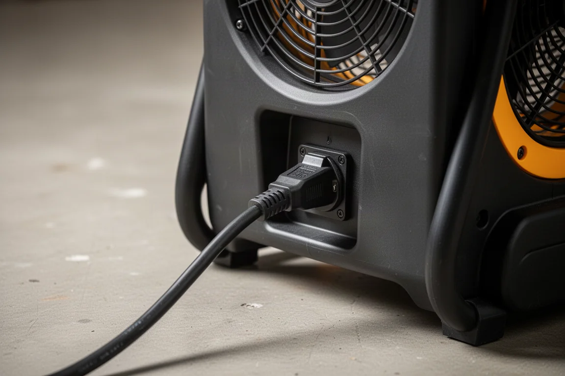 Nahaufnahme eines geerdeten Verlängerungskabels, das in den Stromeingang des Ventilators eingesteckt ist