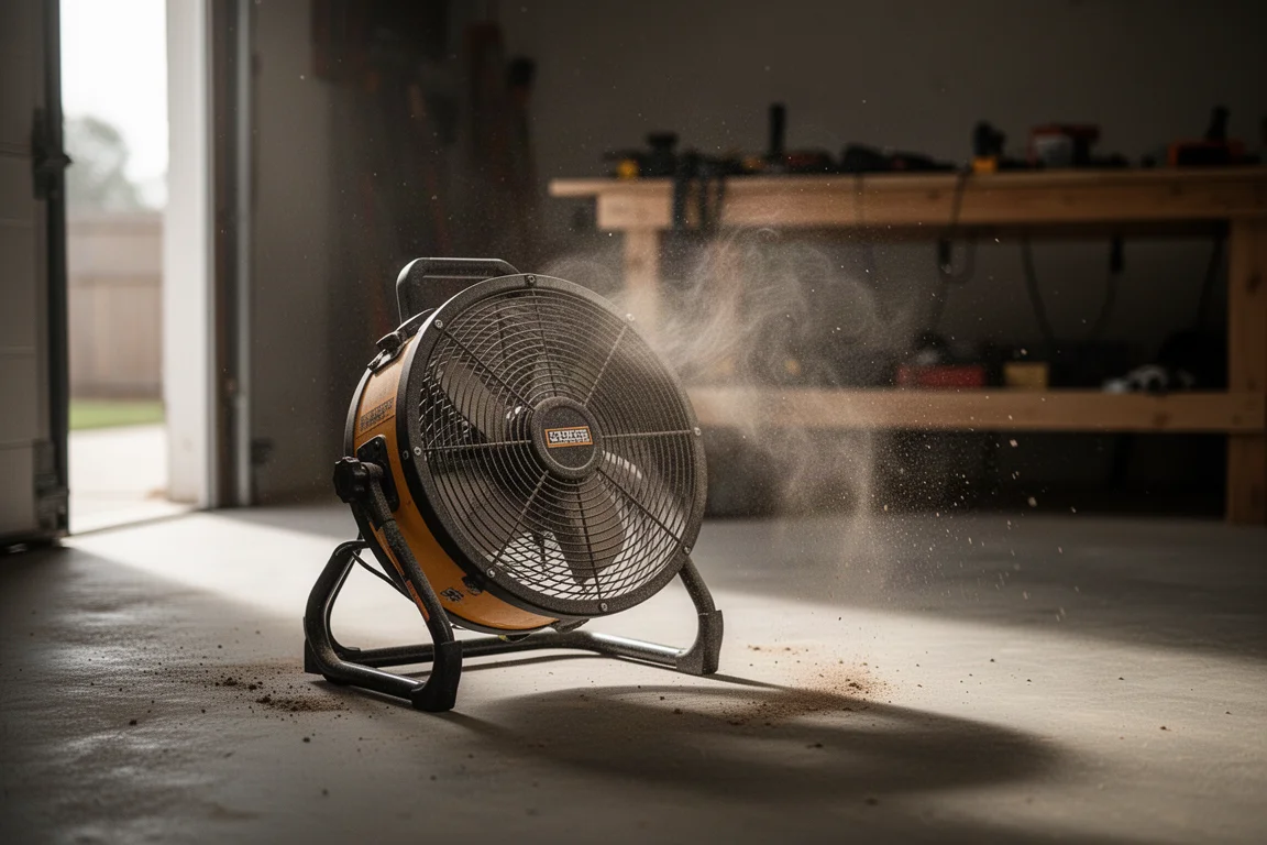 Ventilator tief auf einem Werkstattboden positioniert, der Luftstrom weht über eine staubige Baustelle