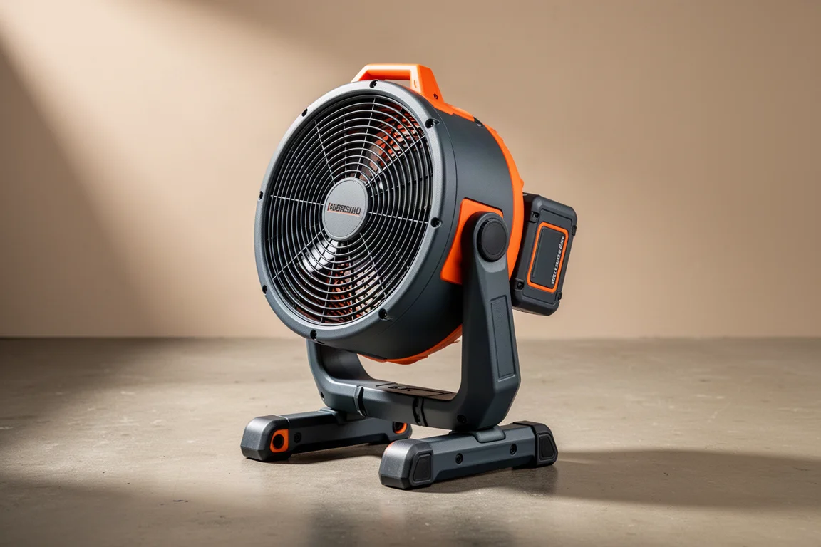 Ridgid 18V Hybrid Jobsite Fan with battery attached on a concrete floor