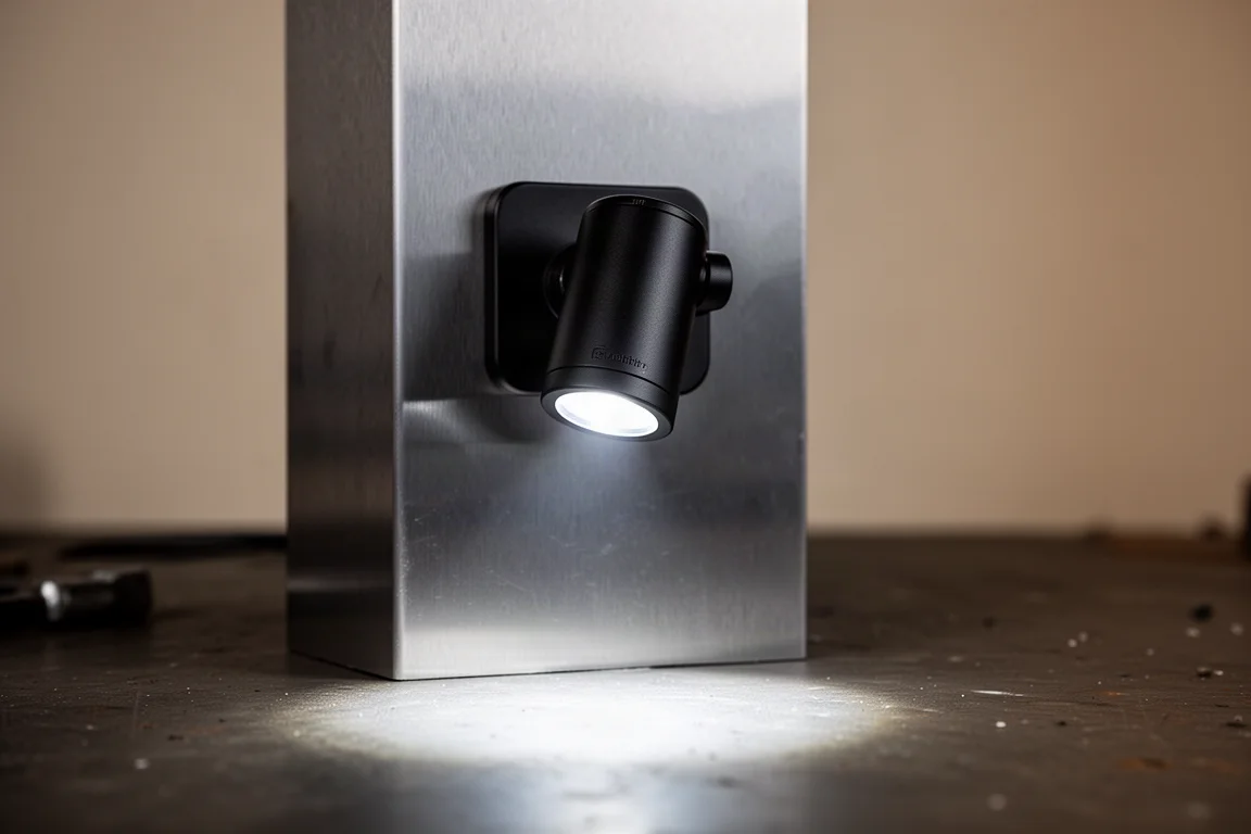 Lampada da lavoro LED fissata a una superficie metallica che proietta un fascio bianco brillante
