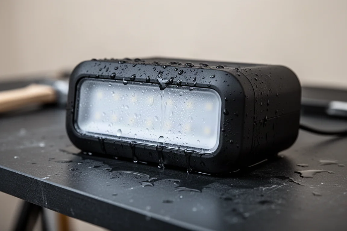 Goccioline d'acqua che scendono lungo la lente bagnata di una lampada da lavoro su un bancale