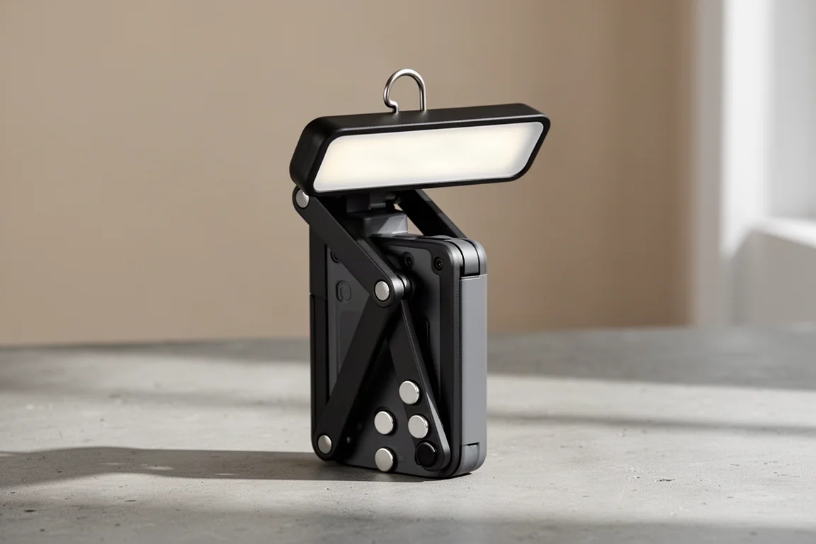 Compact matte black cordless LED task light standing upright on concrete