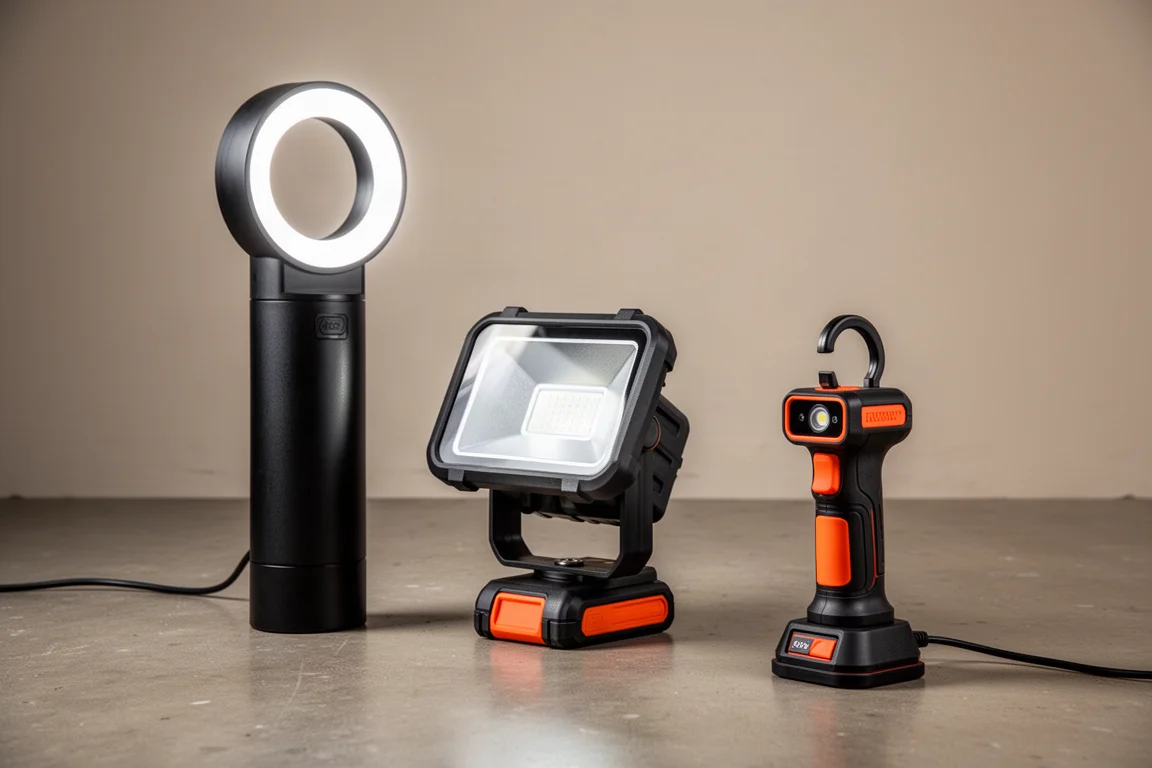 Three Ridgid 18V LED work lights arranged on a concrete workshop floor