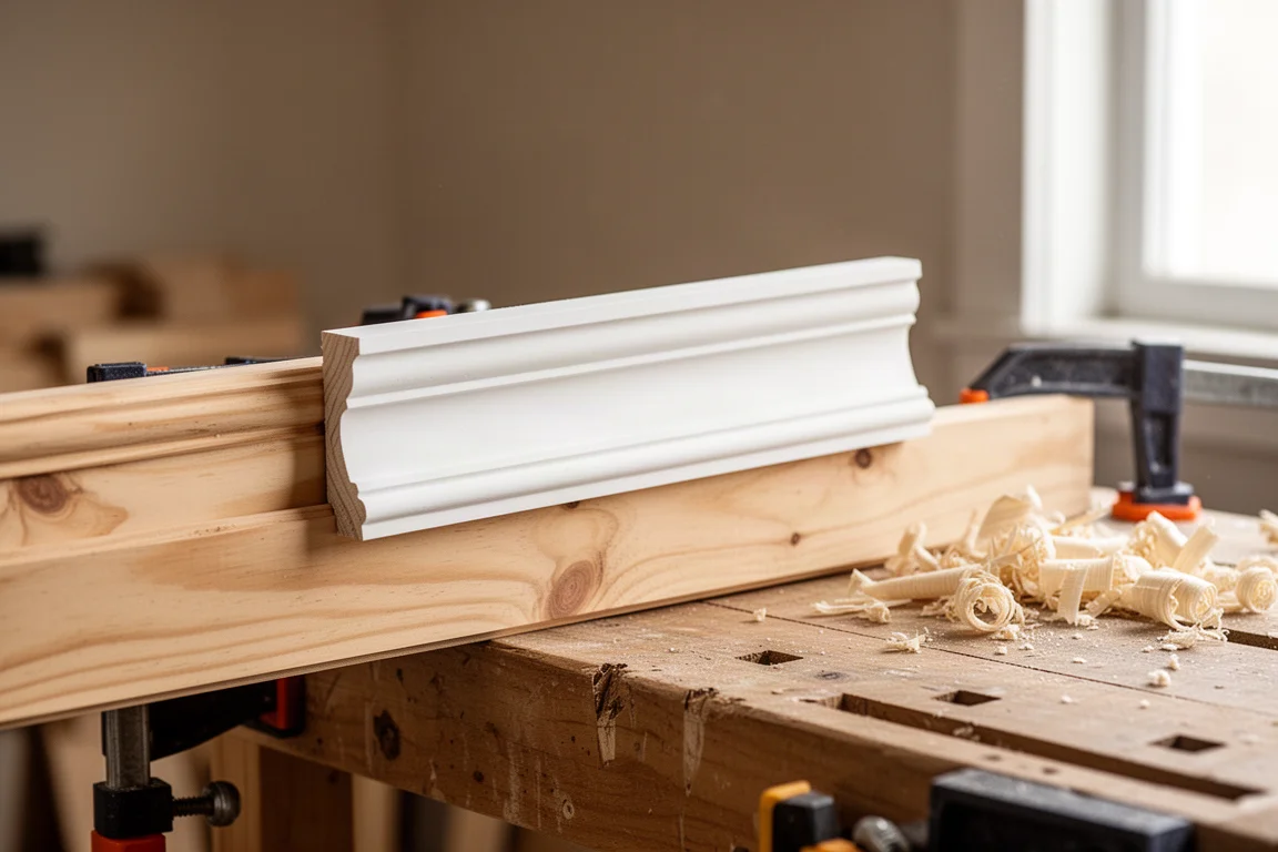 Crown molding held against pine trim board on a workbench