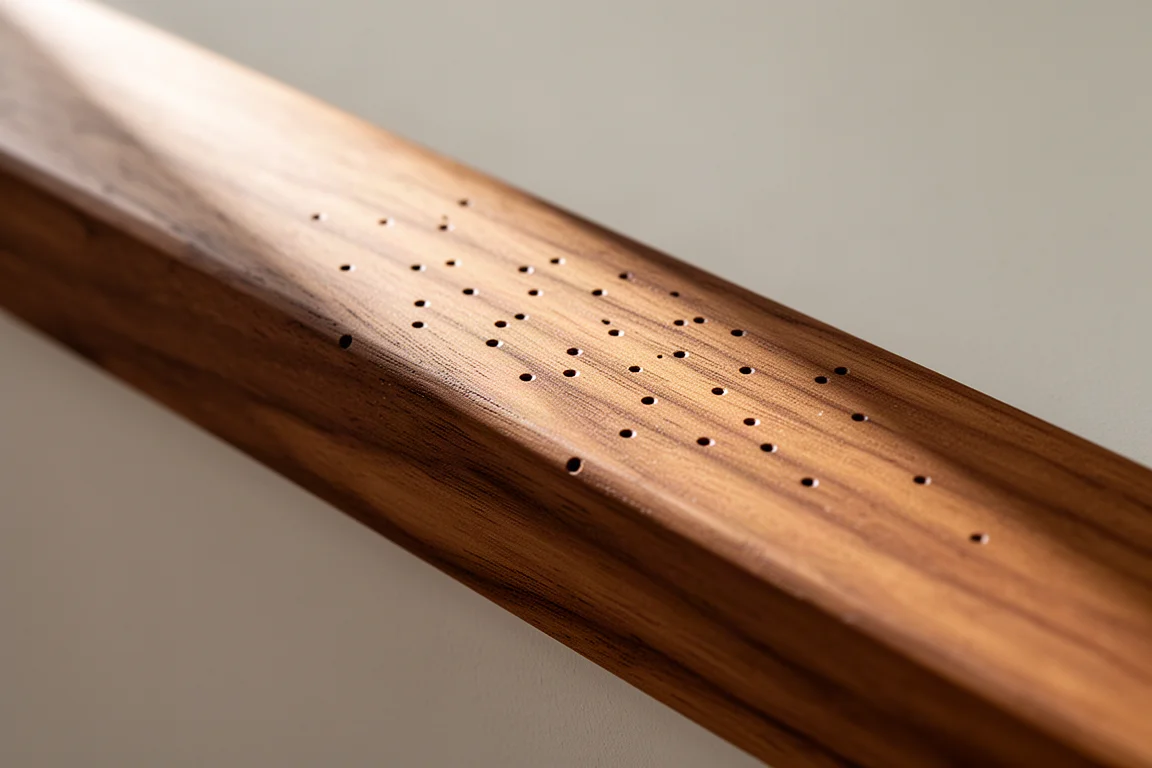 Close-up of small 23-gauge pin holes in stained hardwood trim