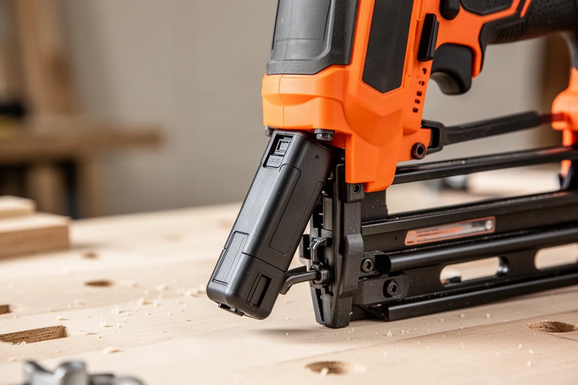 Battery pack being slid into the base of a cordless finish nailer