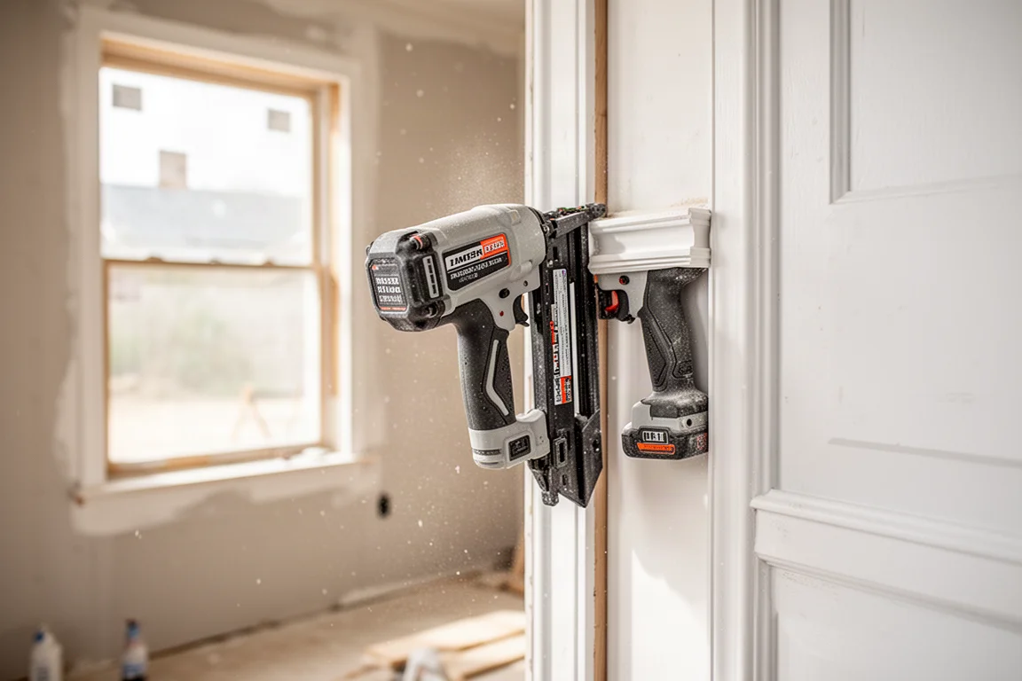 Finish nailer driving nails into door casing trim on a jobsite