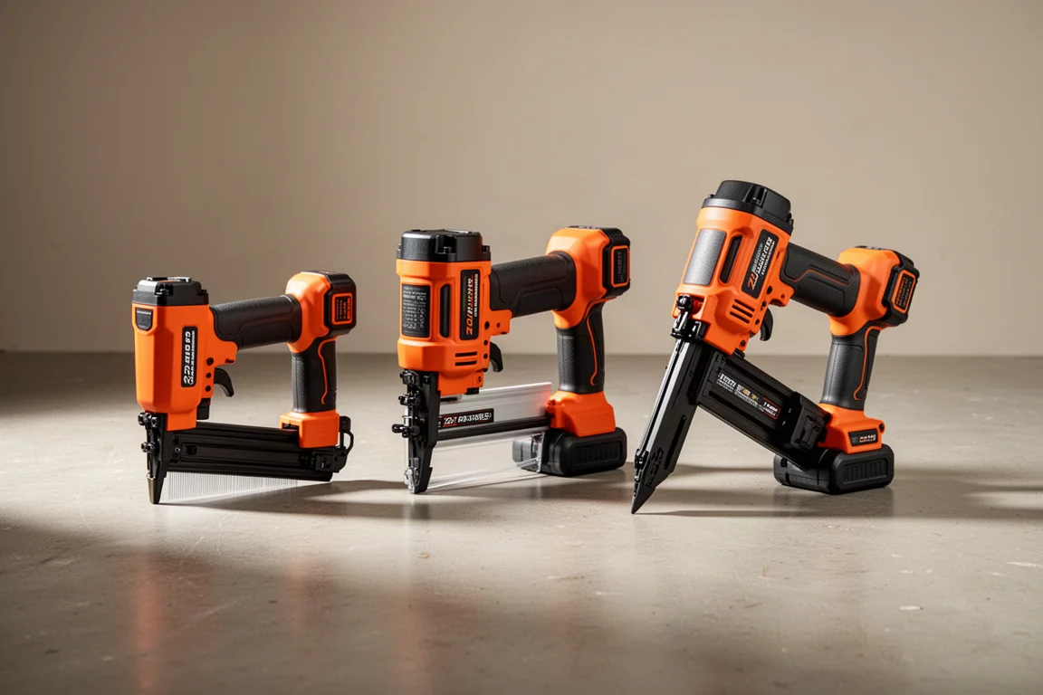 Three Ridgid cordless nailers and a narrow crown stapler lined up on concrete