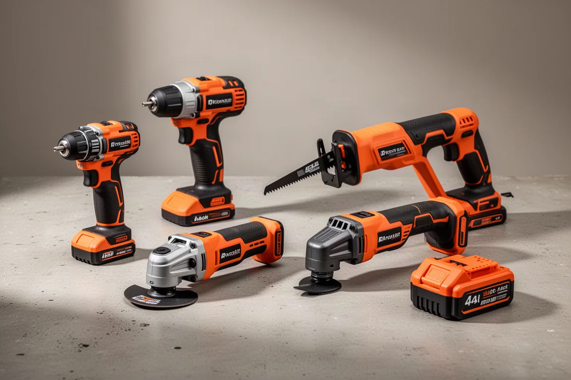 Five Ridgid 18V cordless tools and a battery arranged on a concrete workshop surface