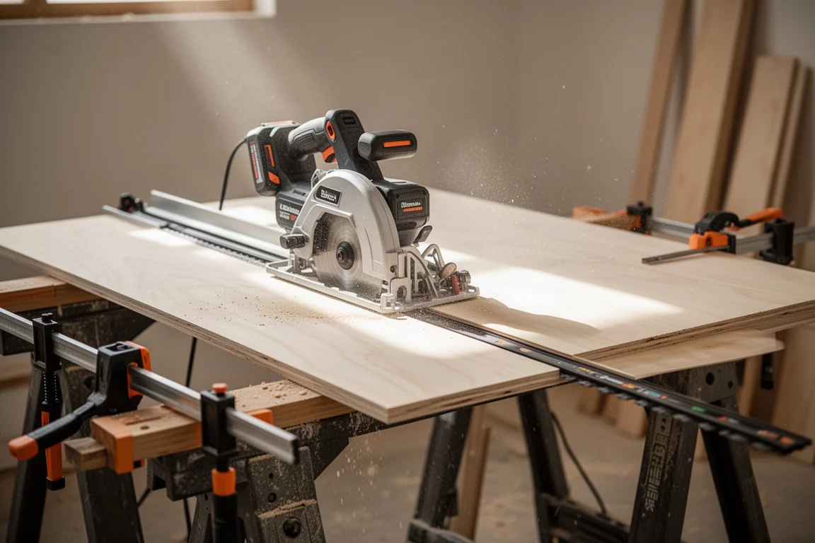 Cordless track saw cutting a straight line into sheet goods on a guide rail