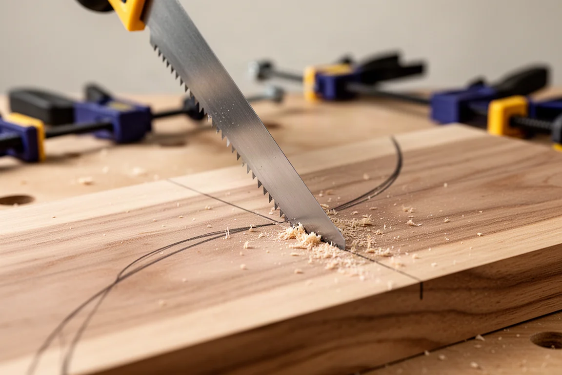 Detail of a jigsaw blade cutting a curved line through hardwood