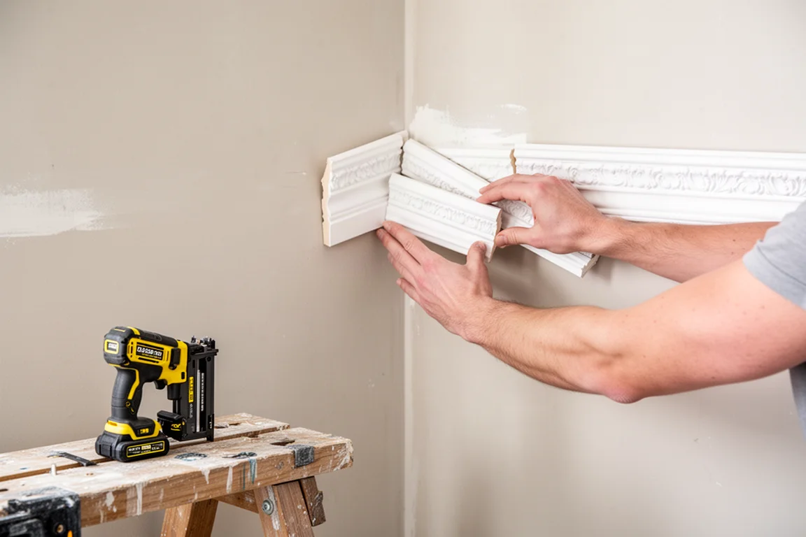 Woodworker fitting crown moulding pieces against a wall at a work site