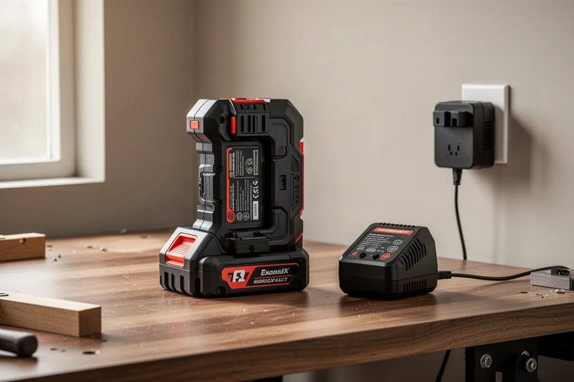 12Ah battery pack on a workbench next to a compact rapid charger