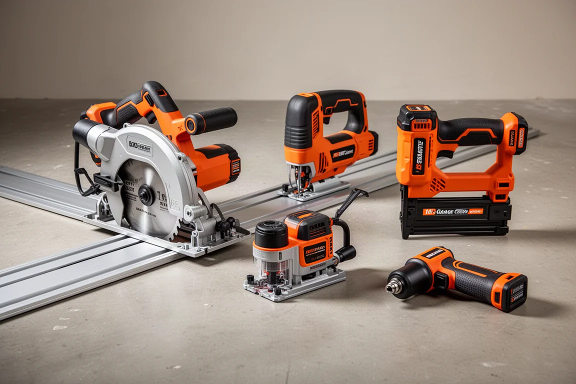 Ridgid 18V cordless tools arranged on a concrete workshop floor