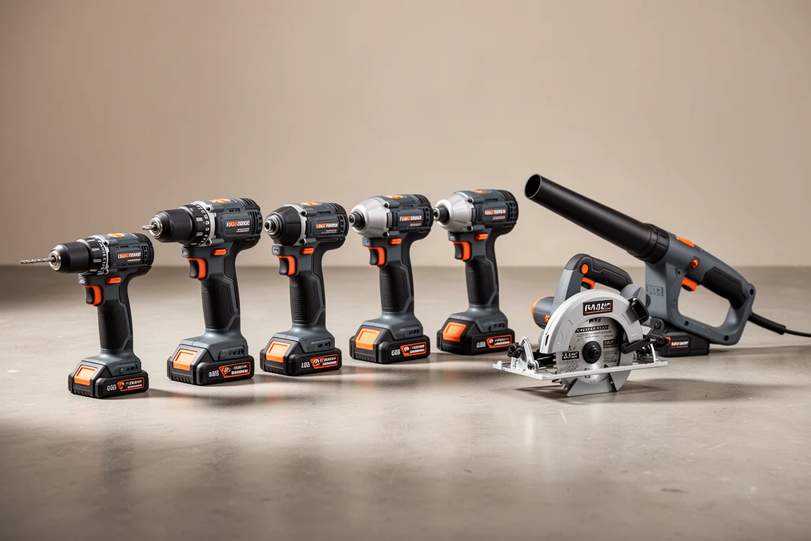 Lineup of seven compact Ridgid Nuke SubCompact cordless power tools on a concrete floor