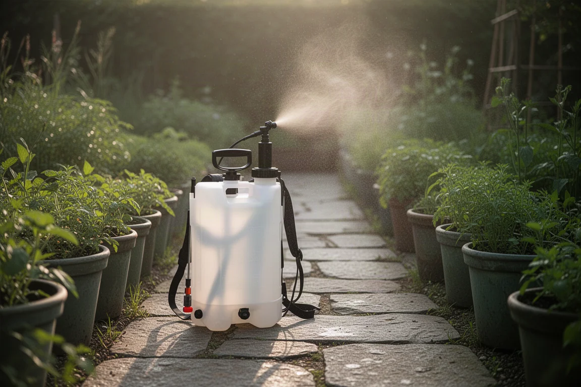 Pulverizador mochila em um caminho de jardim ao lado de plantas tratadas