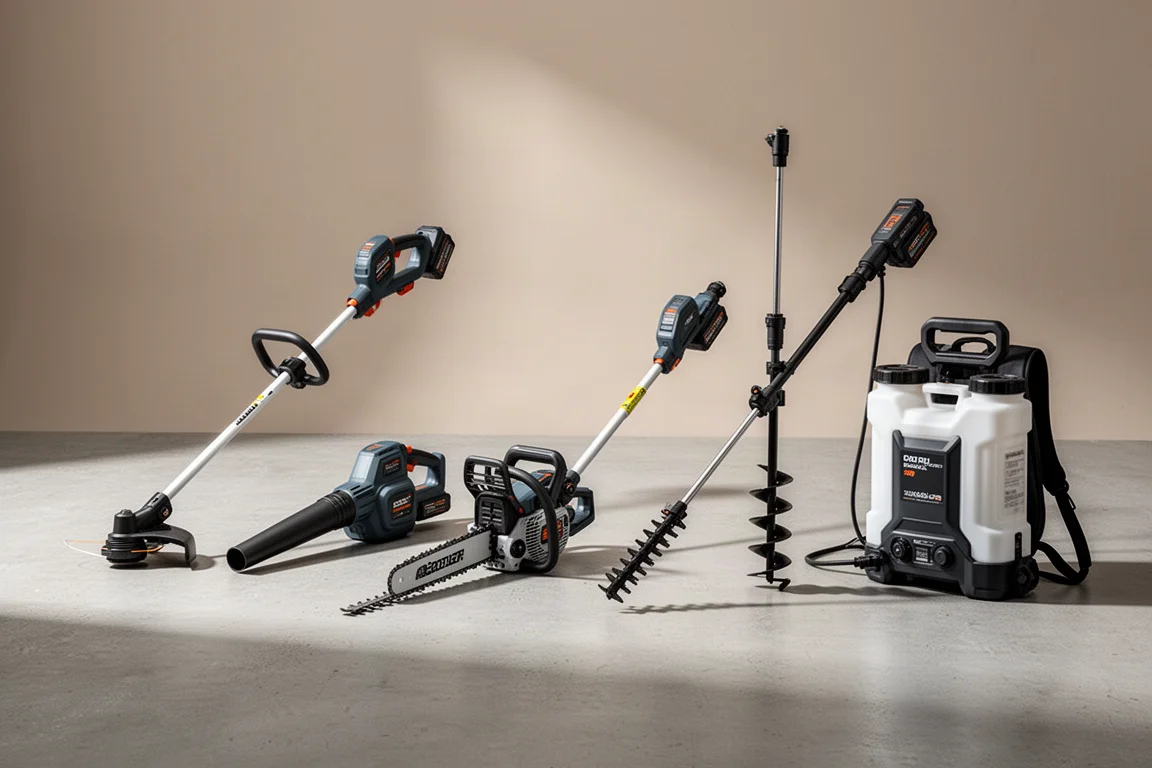 Lineup of cordless outdoor power equipment tools on a concrete surface