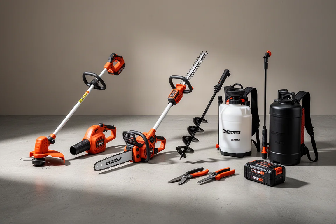 Lineup of Ridgid 18V outdoor power tools on a concrete surface