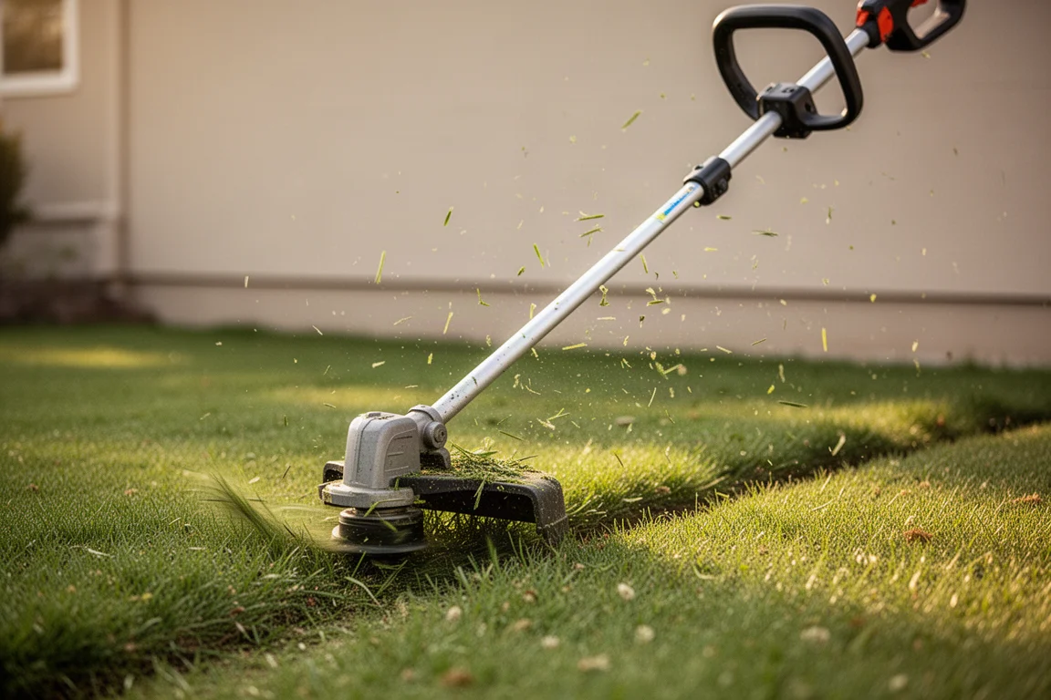 Grästrimmer som klipper gräs längs en gräsmattkant i dagsljus