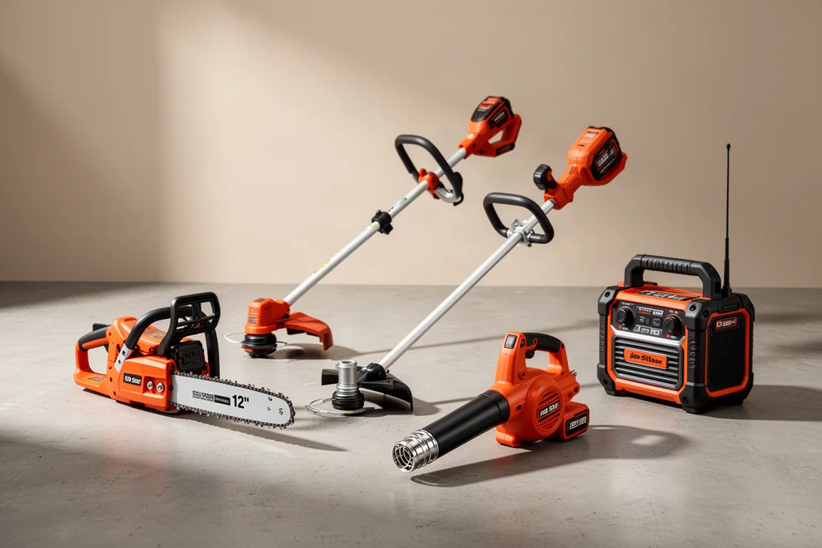 Ridgid 18V chainsaw, string trimmer, leaf blower, and job-site radio arranged on concrete