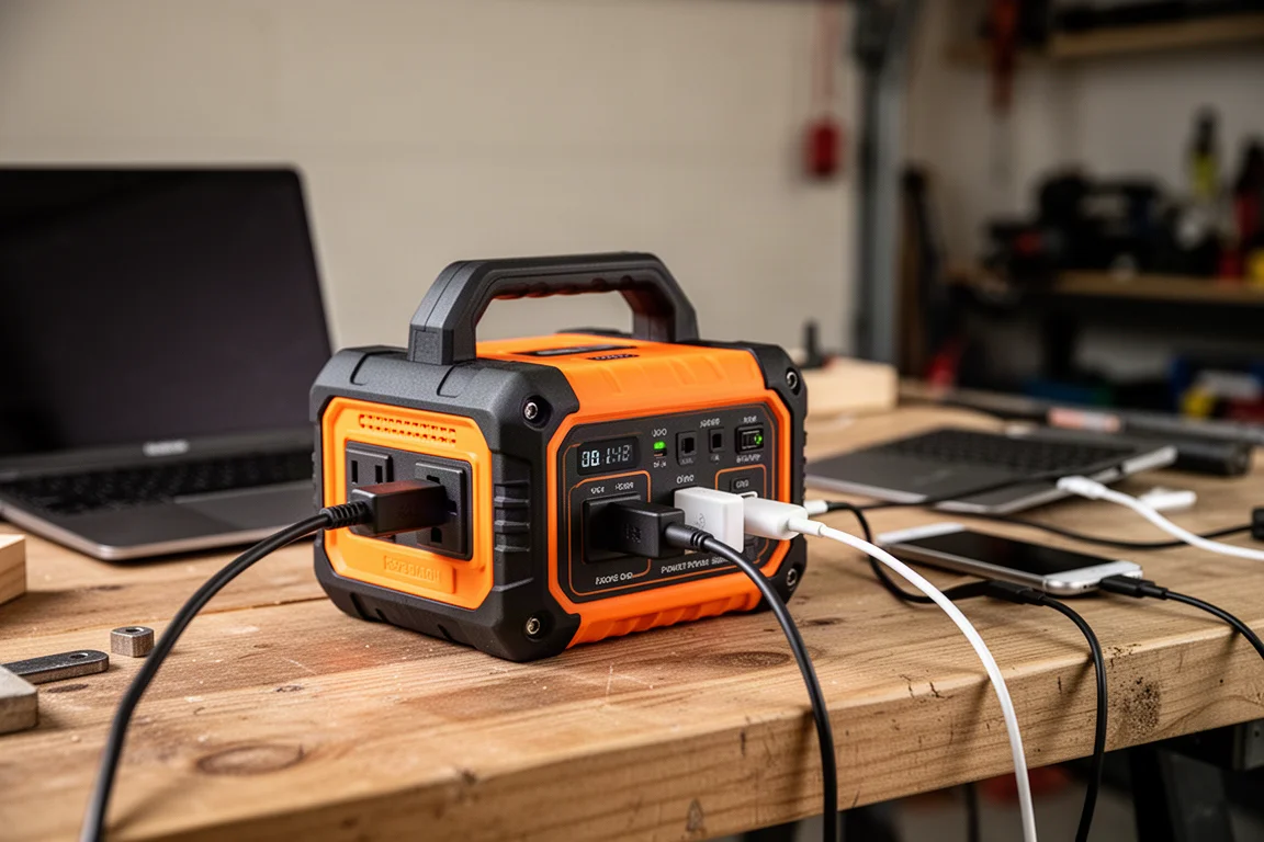 Inversor de energia portátil com cabos USB carregando dispositivos sobre uma bancada